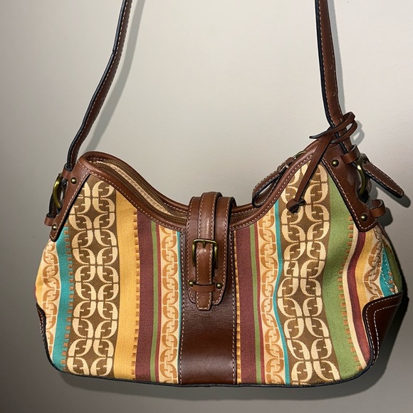 Fossil‎ Shoulder Bag Brown Leather Monogram and Striped Canvas - Picture 2 of 15